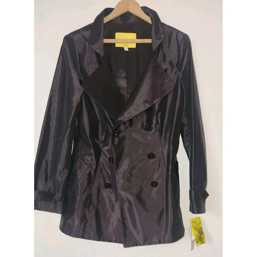 NEW $488 FLORES & FLORES Shiney Black Coat Size 10 Trench Coat Womens